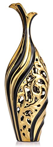 Noir Or Grand Vase Décoratif à Poser Au Sol 50 Cm - Vase en Céramique Design Moderne pour Salon, Objet Décoration Moderne pour Maison, Bureau, Hôtel, pour Mariage, Anniversaire, Noël