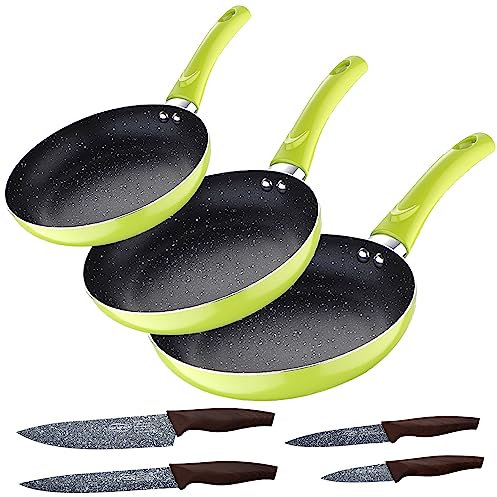 Set 3pc sarten (20+24+28cm) aluminio prensado verde con Set 4pc cuchillos acero inoxidable