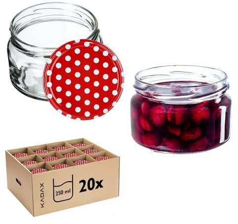 KADAX Lot de 20 pots à confiture de 250 ml avec couvercle à visser Ø 82 mm en rouge à pois – Hermétiques, passent au lave-vaisselle, idéaux pour confitures, chutneys, légumes marinés, viandes, tartes