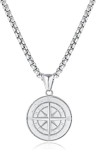 L.Karden Halskette Edelstahl Kette Herren mit Kompass Anhänger für Männer Plattierten Schmuck Geburtstag Jahrestag Geschenke 65cm