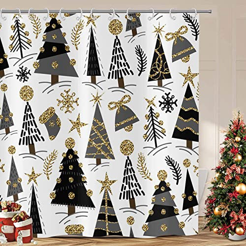 ASDCXZ Cortina de Ducha navideña 180x200 cm, Dorada Brillante Decorativa Árbol de Navidad Negro Copo de Nieve Cortinas de Ducha Lavables Tela de Cortina Ducha Impermeable con 12 Ganchos