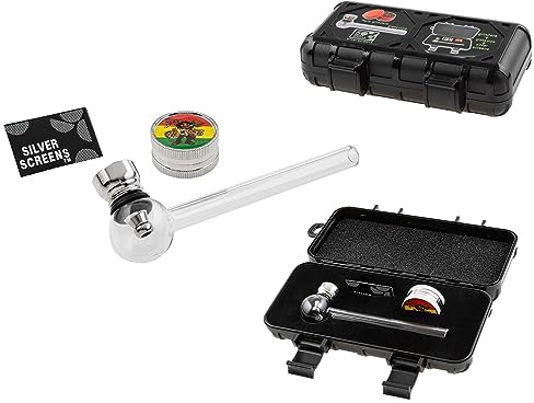 Tabakpfeife 12 cm Glas Pfeife Stabiler Travel Box Geschenkbox inklusive Siebe und Grinder Crusher für Gebrauch von Tabakwaren Dose Hardcase
