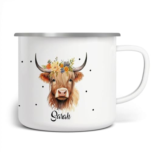 miKalino Emaille Tasse Mädchen - Trinkbecher Kinder personalisiert - Emaille Becher mit Kuh-Motiv - Kindertasse mit Namen - Kindertasse bedruckt - Emaille Becher Weiß, Farbe:weisssilber