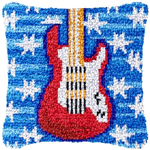Blue Stars and Red Guitar Latch Hook Kits Pillow with Printed Canvas Cushion Crochet Yarn Embroidery Hook and Latch Kit DIY Throw Pillowcase Christmas Decoration 43x43cm