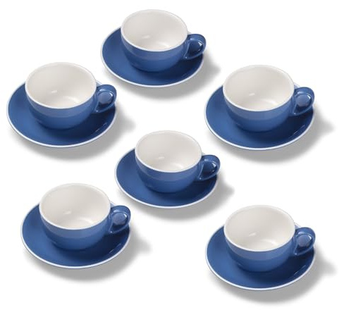 Terra Home 6er Milchkaffee-Tassen Set - Blau, 350 ml, Glossy, Porzellan, Dickwandig, Spülmaschinenfest, italienisches Design - Kaffee-Tassen Set mit Untertassen