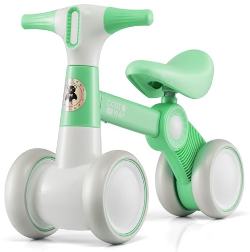 COSTWAY Baby Balance Bike for 1 2 3 Years Old Boys Girls, 4 Wheels Toddler Ride on Toys with No Pedal, 135° Safe Limited Steer, Lightweight Infant Walker Training Bicycle (Green)
