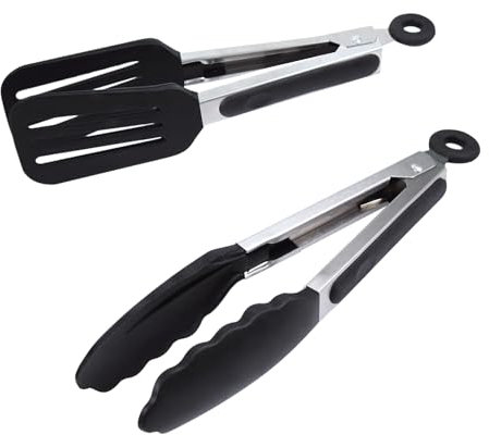 Alimat PluS Kitchen Tongs 7 Inches, Cooking Tongs with Stainless Steel, Silicone Tongs for Serving, Nonstick Food Tongs Set of 2, Black