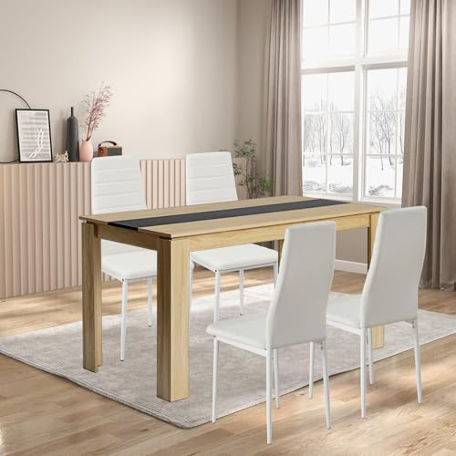 FURNITABLE Esstisch mit 4 Stühlen Esszimmergruppe, 4er Set Esszimmerstühle und Rechteckig Holztisch Essgruppe für Wohnzimmer Küche Büro (140 * 70cm Tisch+4 Weiß Stühle)