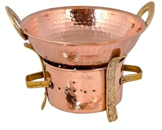 Nobel Balti Serving Dish & Antique Tea Light Food Warmer, Polished Copper & Stainless-Steel inner Layer for Currys Meal Double Insulated Dishes (Set of Copper Kadai & FoodWarmer - 15 cm)