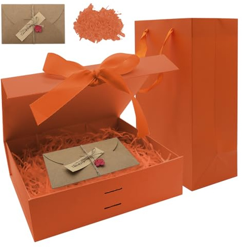 Geschenkbox mit Deckel Orange Geschenkkarton mit Magnetverschluss und Schleife Tasche Raffia Grußkarten Geschenkkiste für Geburtstag Hochzeit Weihnachten(26×19×8cm)
