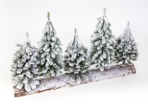 Seidenblumen Roß 5er-Tannenbäumchen mit dickem Schnee 25x42cm auf halbem Holzstamm HB künstlicher Tannenbaum Weihnachtsbaum Tannen Dekotanne
