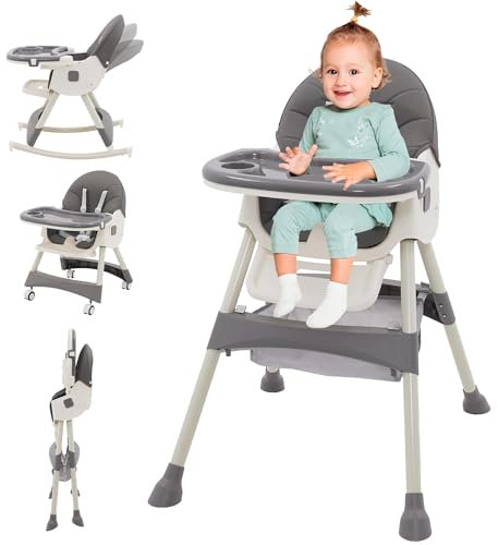 3in1 Hochstuhl Baby mit liegefunktion Hochstuhl, Höhenverstellbar Verstellbare Rückenlehne Klappbar，Kinderhochstuhl mit Tablett und Rollen,Mitwachsend ab 6 Monaten Babystuhl,Grau