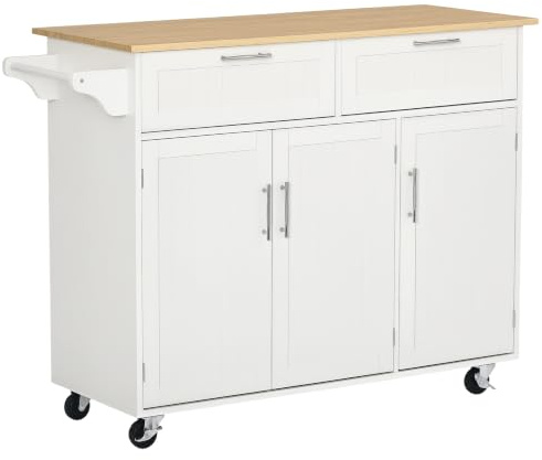 HOMCOM Isla de Cocina con Ruedas 2 Cajones 121x46x91 cm Roble y Blanco | Carro de Cocina, Mueble Auxiliar, 3 Puertas, Barra Lateral, para Comedor