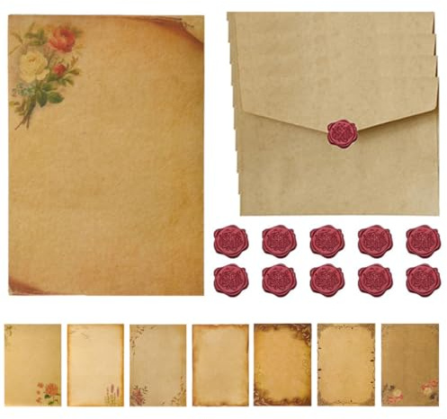 Carta da Lettere Vintage con Busta Decorata Kraft - Set 16 Fogli e 10 Buste, Adesivo Sigilli di Cera, per Scrivere e Disegni (8 Style)