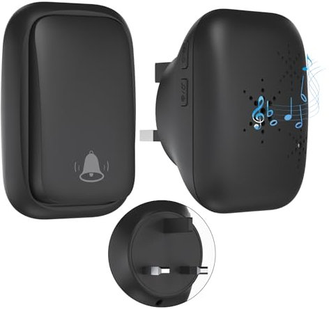 Cerhot UK Plug Self Powered Wireless Doorbell No Battery 150M Distance 38 Songs Door Bell Button Outdoor Doorbell Wireless Waterproof for Home School Office (UK 1V1 Black B)
