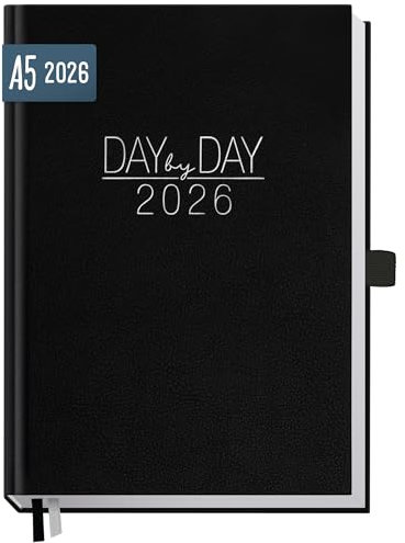Häfft® Organizer Day by Day Buchkalender 2026 A5 1 Tag 1 Seite Schwarz- Tagesplaner Kalender, Tageskalender, Terminkalender, Terminplaner 2026 - nachhaltig & klimafreundlich