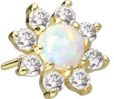 PIERCINGLINE 14 Karat Gold Ohr-Piercing Schraubaufsatz mit Gewinde OHNE Labret Stecker MOISSANIT-BLUME + SYNTHETISCHER OPAL