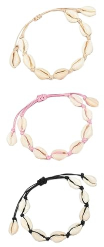MUNSKT 3 Stück Muschelkette Muschel Armband Fußkette Natürliche Kaurimuschel für Damen Mädchen Schwarz Weiß Rosa
