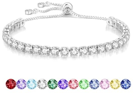 Mieoyue S925 Silver Bracelet for Women Adjustable Slider Crystal Tennis Bracelet Birthstone Jewellery Birthday Gifts (April)