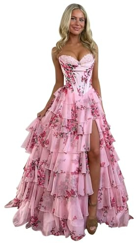 Vestido De Fiesta con Estampado Floral De Tul Largo Corsé con Abertura Vestido Formal Escalonado Sin Tirantes Escote En Forma De CorazóN Vestido De Noche Pink 0