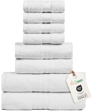 nice homeit Handtuch-Set aus 100% Baumwolle, 8 Stück, Badetücher, hergestellt in Italien, Fitnessstudio, Hotel und Spa. Sehr saugfähig (Weiß)