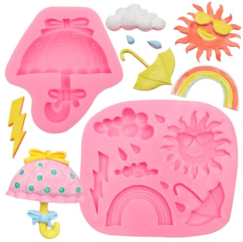 Umbrella Shape Silicone Molds 2 Pcs, Weather Theme Fondant Mold for Chocolate Cake Decoration Candy Cupcake Topper Cake Polymer Clay Crafts Epoxy Resin