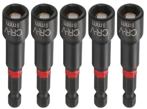 sourcing map 5pcs Nut Driver Drill Bit 8mm Metric Socket 1/4 Hex Shank 3 (65mm) Long Magnetic 6-Point Sockets Quick Change Phosphated CR-V Steel Bolt Setters for Power Drill Drivers, Black