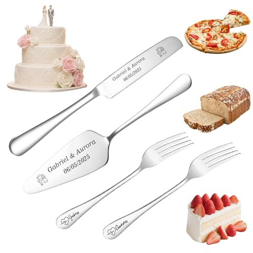 FKF Ensemble de coupe-gâteau de mariage personnalisé, ensemble de couteaux et de serveurs à gâteau de mariage en acier inoxydable, cadeaux gravés personnalisés pour les mariés (Argent)