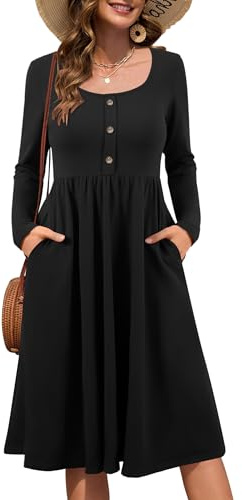 Beluring Tunika Kleid Damen Lässig Rundhalsausschnitt Midikleid Langarm Kleider mit Taschen Schwarz XL