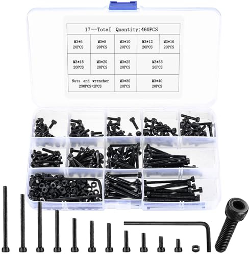 Set di viti M3, 460 pezzi, viti a testa cilindrica, set di viti esagonali e rondelle, viti a esagono incassato con dadi, assortimento di viti per macchina