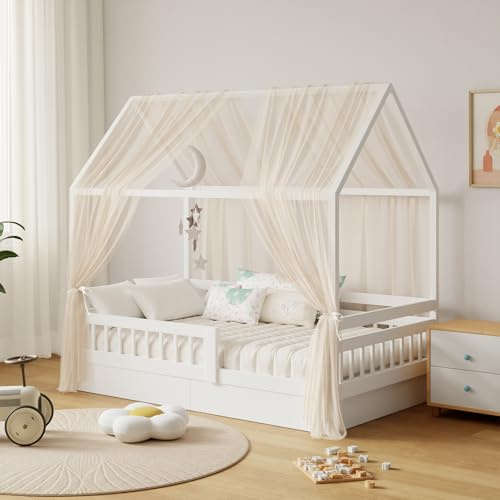 GFCC Ciel de Lit Cabane pour Maison Lot de 2 Pièces Décoration Voile Lit Cabane Beige pour Chambre d'enfant,Rideau Voilage 150x350cm pour Fille Garçon