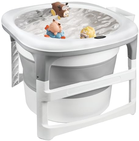 MUL-BOUTIQUE Bañera plegable niño bebé, Bañera niño bebé, para recién nacidos, Con práctica plataforma pequeña, Patas antideslizantes, Tapón de drenaje integrado, 66 x 53 x 61 cm