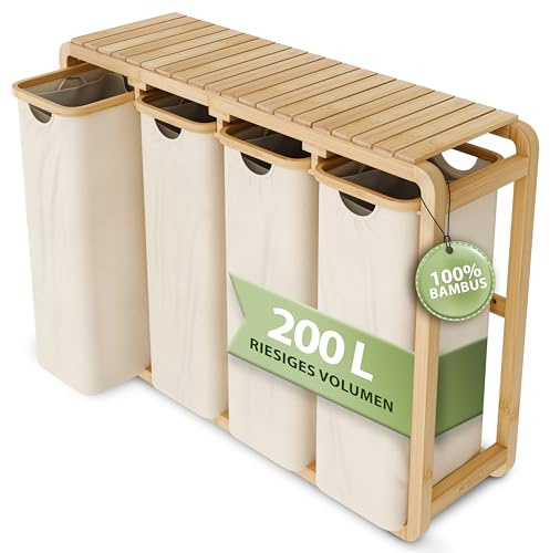 AMBIAVO Wäschekorb 4 Fächer beige · Wäschesammler mit Ablage · Bambus | Warme Holz-Optik, riesiges Volumen, 50 L pro Fach, Wäschetrenner und Wäschesortierer mit waschbaren Baumwollsäcken