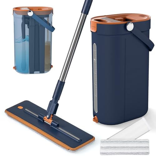 COSTWAY Balais Serpillière Seau Essoreur, Tête Plate Rotatif 360°, Serpillière Microfibre Lavable Réutilisable, Manche INOX Réglable, Nettoyage Rapide (Balai-2 Serpillères-Bleu)