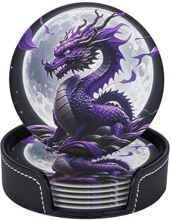 Getränkeuntersetzer Set mit 6 Wasserdichten, rutschfesten Lederuntersetzern mit Halter, runde Tassenmatte, violetter Drache, violetter Mond, Untersetzer für Getränke, Tischschutz, Tassenpolster für