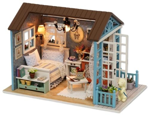 Honghuang DIY Miniaturhaus Set, Handgefertigtes Puppenhausmodell Aus Holz mit Warmem LED-Licht, Gemütliche Heimszene Montage, Bastelgeschenk für Erwachsene und Teenager Z007E