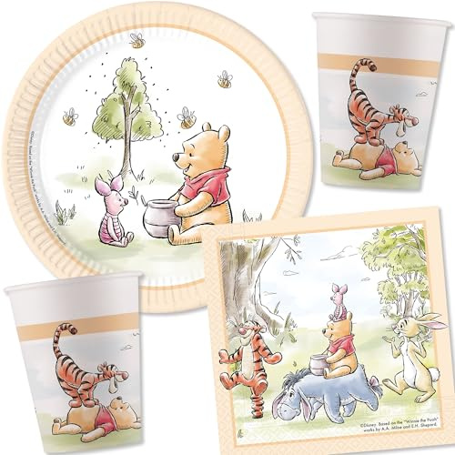 36-tlg. Party-Set * WINNIE THE POOH * mit Pappteller + Servietten + Pappbecher für Kindergeburtstag und Mottoparty | Winni Puuh Teller Becher Party Dekoration Geburtstag