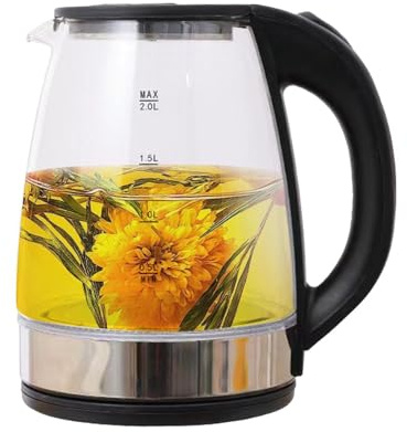 Glasvattenkokare - 2 l snabbkokande elektrisk vattenkokare i glas 1 500 W | trådlös varmvattenberedare med säkerhetsstopp, transparent och tyst te | Modern Kitchen Applianc