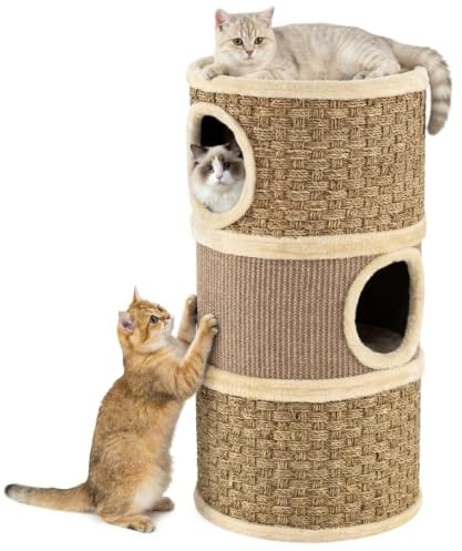 Maxmass Cat Condo with Sisal Scratching Pad (36 x 36 x 70 cm,Khaki + Brown) | Napping Plush Bed, Multi-level Cat House Cats Cave Bed Hideaway Cave Kitten Tree Kitty Tower