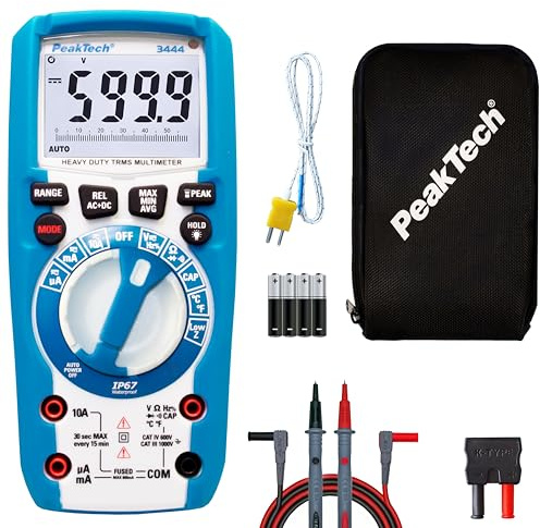 PeakTech P 3444 True RMS Multimeter Digital - (IP67) Wasserdichter Spannungsprüfer & Strommessgerät - 6000 Counts - Extrem Robustes Gehäuse mit LED-Lampe - Durchgangsprüfer, Messgerät - CAT III 1000 V
