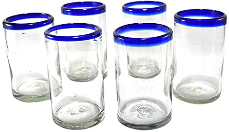 Handblown drinking glasses artisan crafted from Mexico Set of 6 pieces (Cobalt Blue Rim, Water 14 Oz.)
