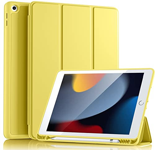 Vobafe Hülle Kompatibel mit iPad 9 8 7 Generation(10.2 Zoll, Model 2021/2020/2019,9./8./7.), Weiche TPU Rückseite Abdeckung Klappständer Schutzhülle mit Stifthalter, Auto Schlafen/Wachen, Gelb