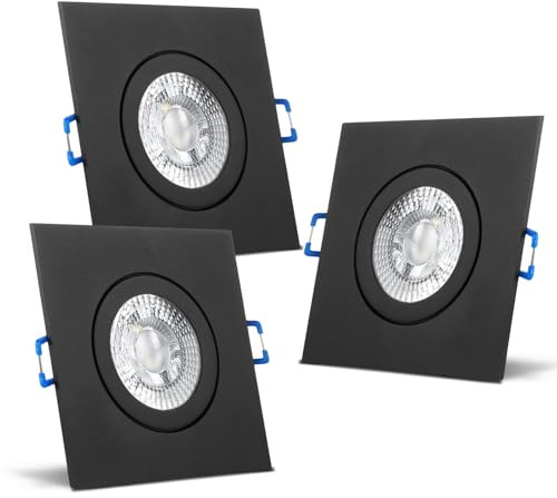 trendlights24 Mare IP44 Bad LED Einbaustrahler 230V Schwarz eckig 3 Stufen dimmbar ultra flach 35 mm 3er Set 5W Neutralweiß für Feuchtraum
