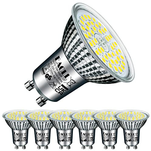 EACLL GU10 LED Bulbs Cool White 10W Equivalent 140W Halogen, Pack of 6, 1050 Lumens 6000K, AC 230V Flicker-Free Spot Light, Wide Beam 120°, Non-Dimmable Energy Saving Reflector Lamp
