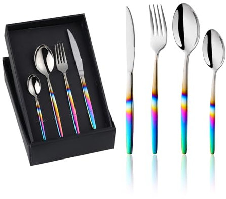 Buyer Star 16 Piece Rainbow Cutlery Set Stainless Steel Iridescent Handle Spoons Knife and Fork Sets for 4, Elegant Flatware Set Tableware for Daily Life and Dishwasher Safe