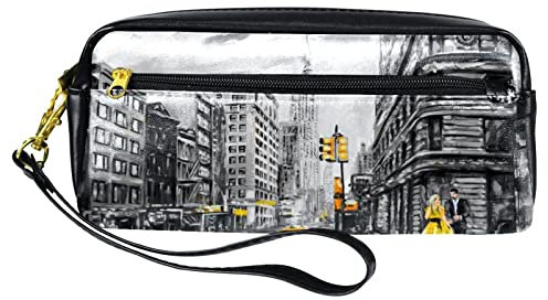 Federmäppchen mit Motiv Ölgemälde von New York Straße, PU-Leder, Schreibwaren-Tasche mit Reißverschluss, für Jungen und Mädchen, Schul- und Bürobedarf