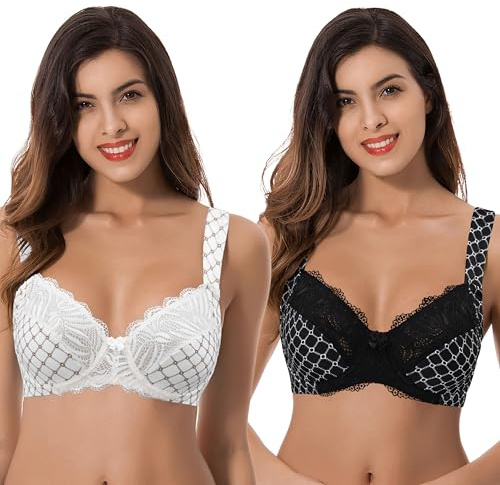 Curve Muse Übergröße Ungefüttert Bügel Spitzen-BH mit gepolsterten Schultergurten-2er Pack-Creme Drucken,Schwarz Drucken-90D