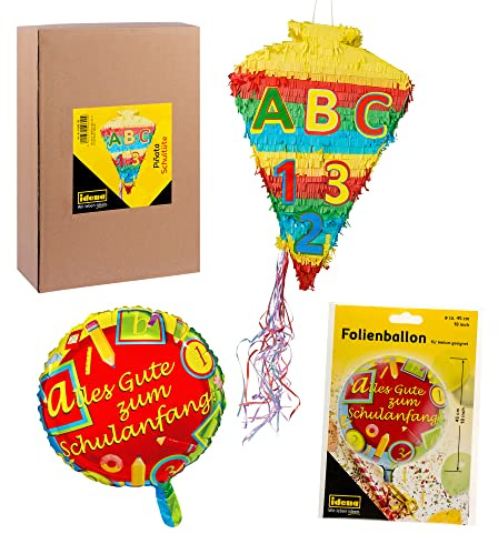 Idena 90012 - Pinata Schultüte & Folienballon Schulanfang, Einschulung, Schulstart, Dekoration, Geschenk