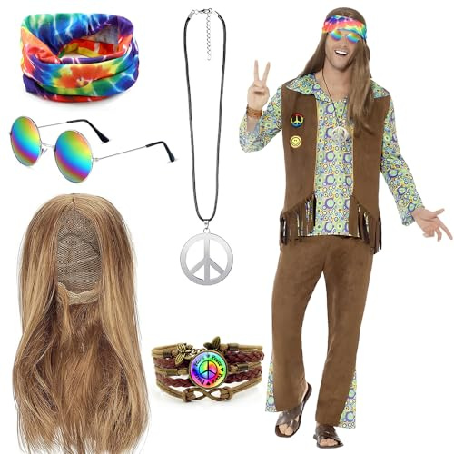 BIQIQI Hippie Perücke Kostüm Set Accessoires Friedenszeichen Halskette und Ohrringe Armband Stirnband Sonnenbrille Halloween Hippie Dress Up für 60er 70er Jahre Themenparty