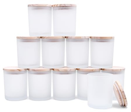 SHOWIN Dicke Kerzengläser zur Herstellung von Kerzen, 12 Stück, transparent, leere Gläser mit Holzdeckel, für Gewürzgläser, Probenbehälter, spülmaschinenfest, mattes Weiß